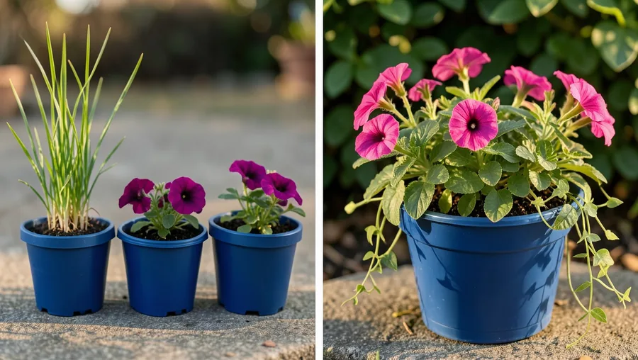 Before-after detail shot, split frame horizontally. The left side shows five small plastic nursery pots containing unplanted 