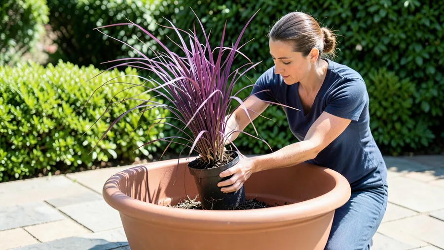 Mid-action wide shot, eye-level. A woman with tied-back hair is carefully lowering a tall, deep purple fountain grass plant f