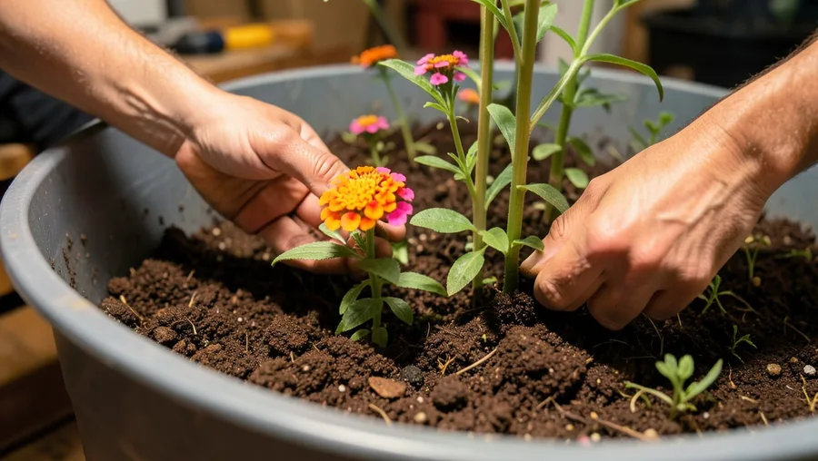 Close-up hands shot, low angle looking across the container rim. Hands tucking a small, blooming orange and pink lantana plan