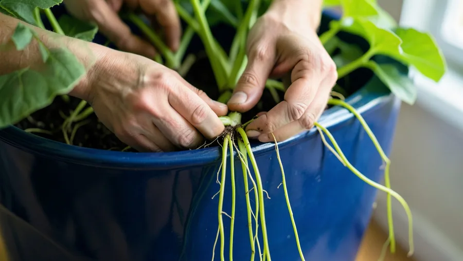 Hands close-up shot, looking downward from above the rim. Two hands gently pushing a vibrant chartreuse sweet potato vine plu