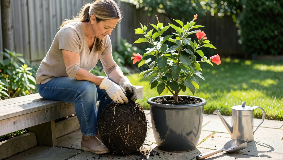 Landscape editorial photograph, 16:9 ratio. A focused woman in her late 30s with canvas gardening gloves sits on a low wooden