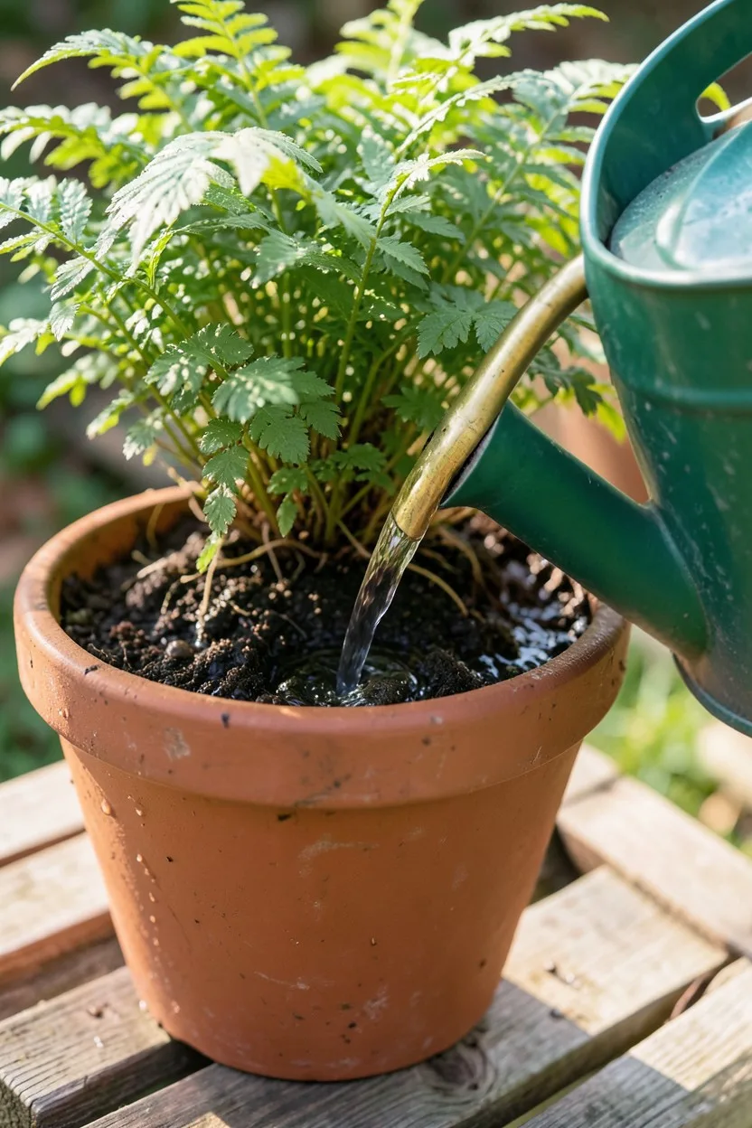 A close-up shot of a green watering can with a long brass spout pouring water directly onto the base of a dense potted fern. 