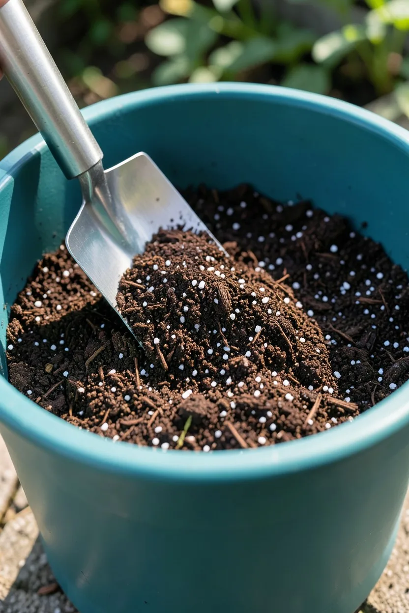 Fresh, dark brown, textured potting mix with visible white flecks of perlite being scooped into the bottom of a large teal pl