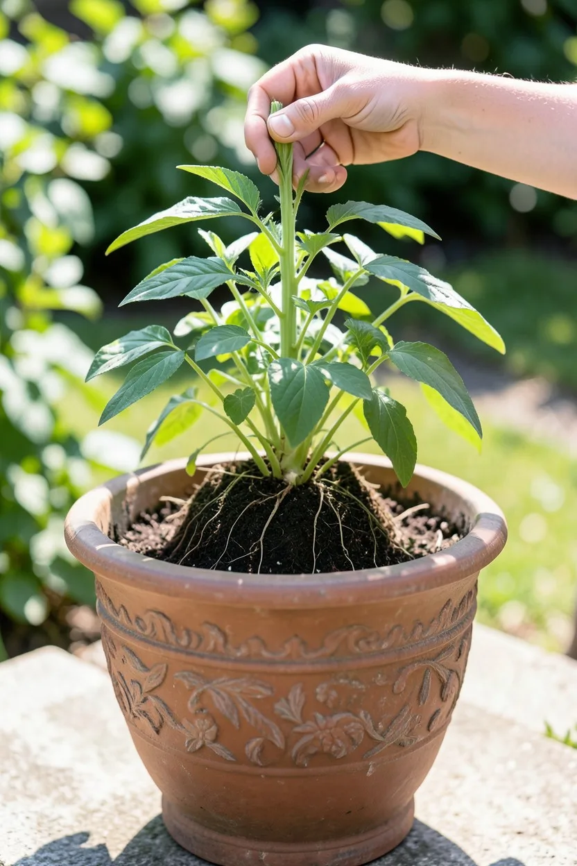 A green leafy plant with its loose root ball sitting squarely in the middle of a larger decorative container. The top of the 