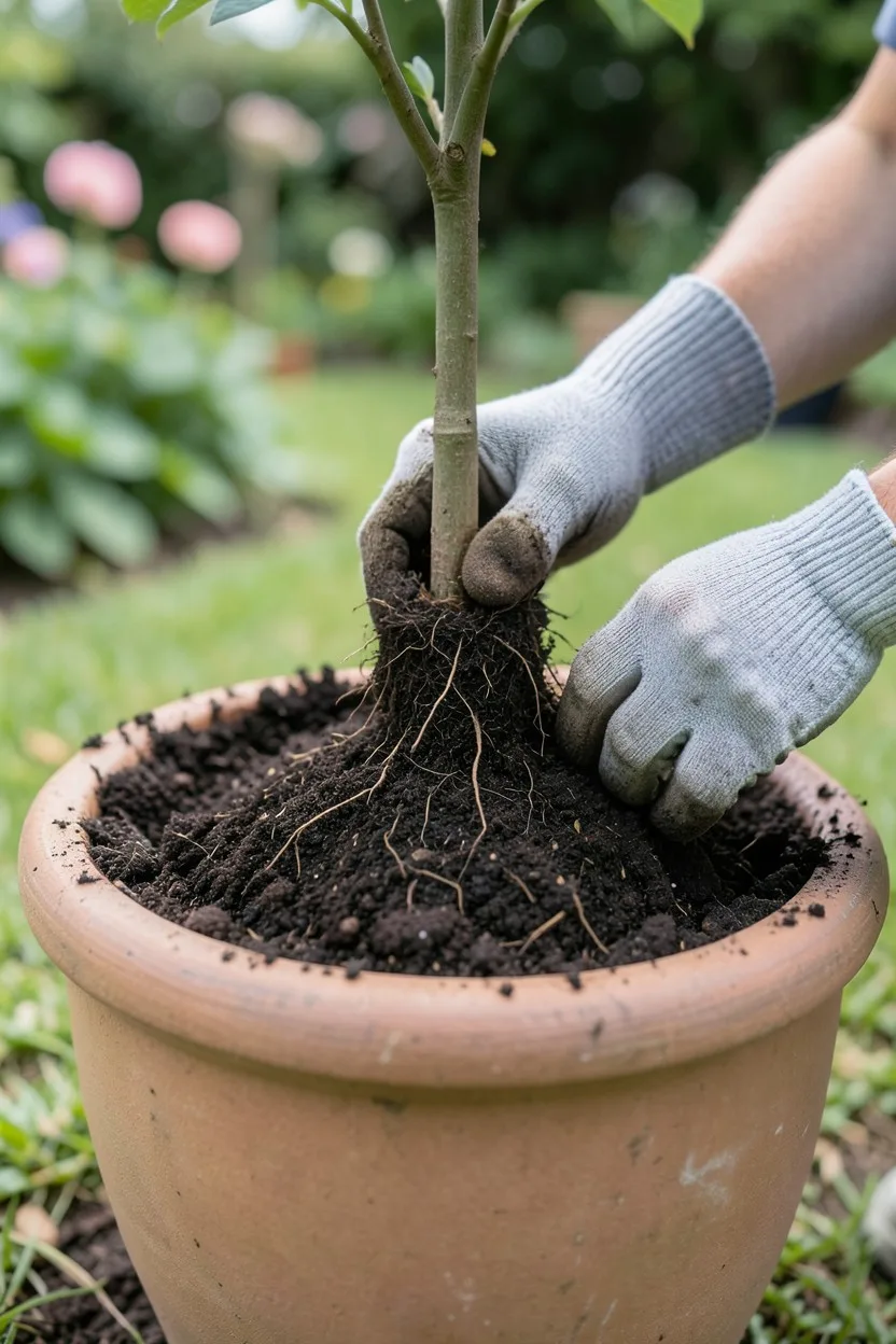 Hands wearing gray gardening gloves filling the empty space around a newly centered plant root ball with dark potting soil. T