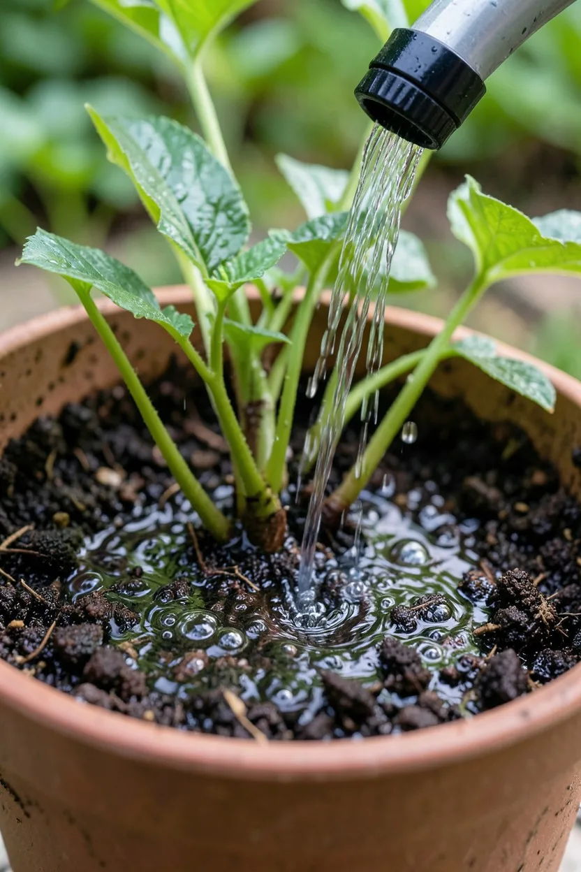 Water gently showering from a hose nozzle onto the freshly filled soil of a newly repotted plant. The water is pooling slight