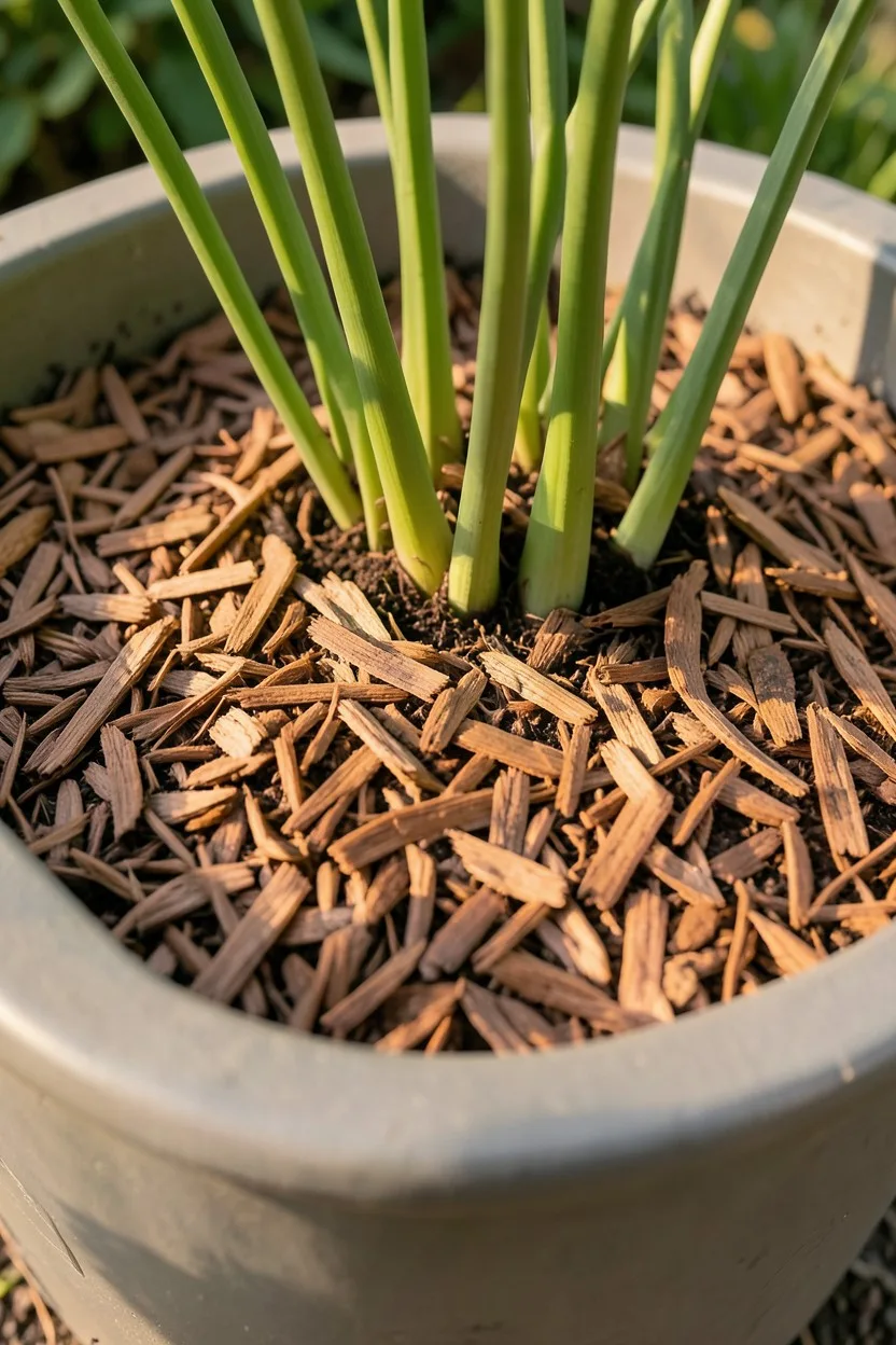 A close-up view of a neat 1-inch layer of shredded brown cedar mulch evenly spread across the soil surface inside a large gla
