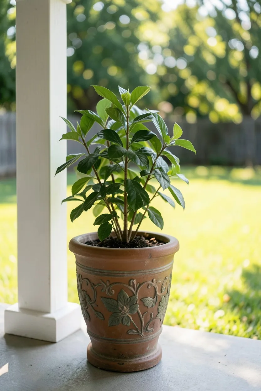 A newly repotted decorative planter standing in the soft, dappled shade of a covered patio porch. The plant looks healthy and