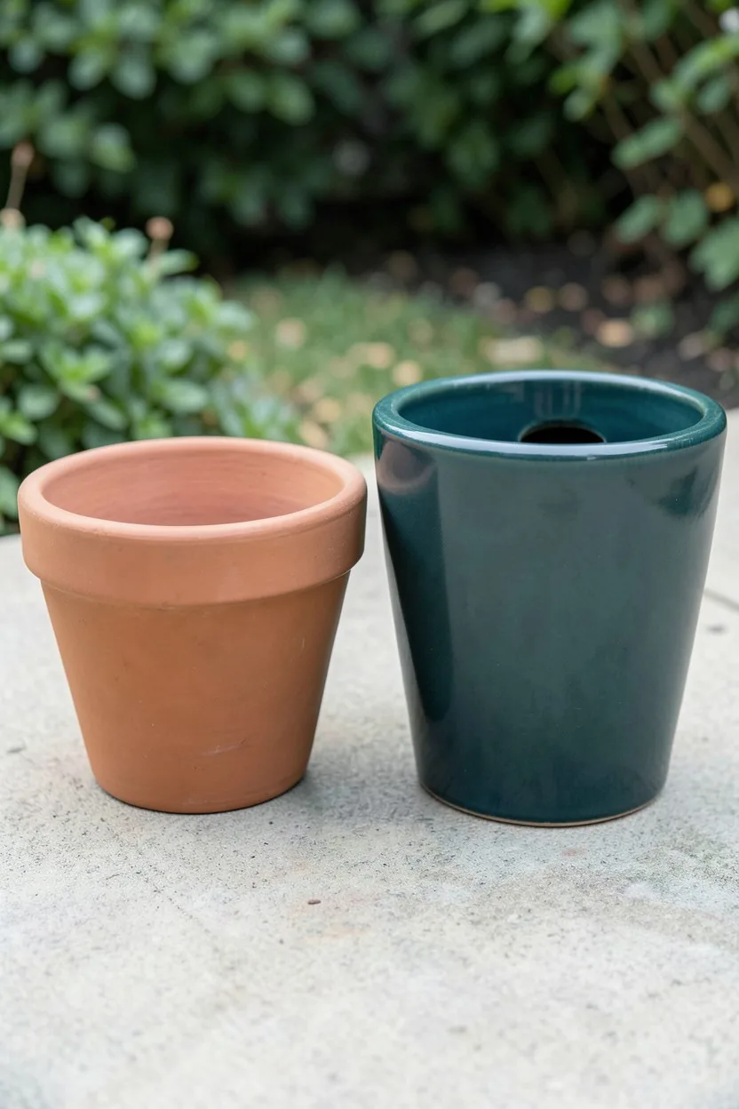 Two empty planters standing side by side on a concrete patio surface. On the left is an old 10-inch plain terracotta pot. On 