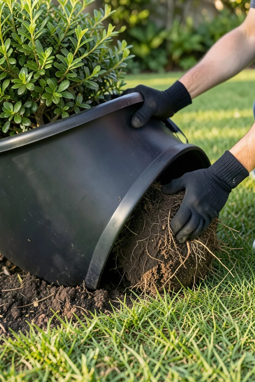 A side view of a large black plastic nursery pot lying horizontally on a green lawn. A pair of gloved hands is visible: one h