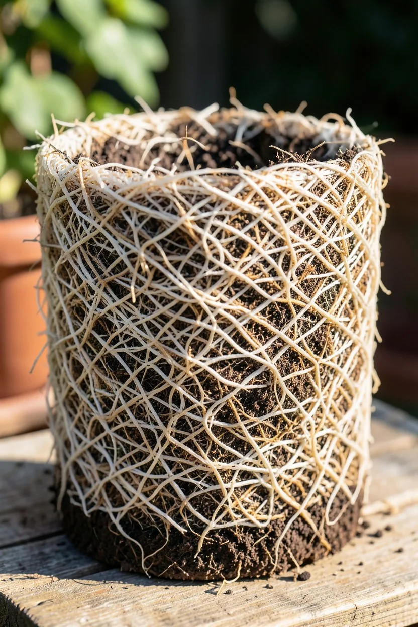 A close-up view of a solid, cylindrical root ball held upright on a potting bench. The roots form a dense, thick, tangled whi