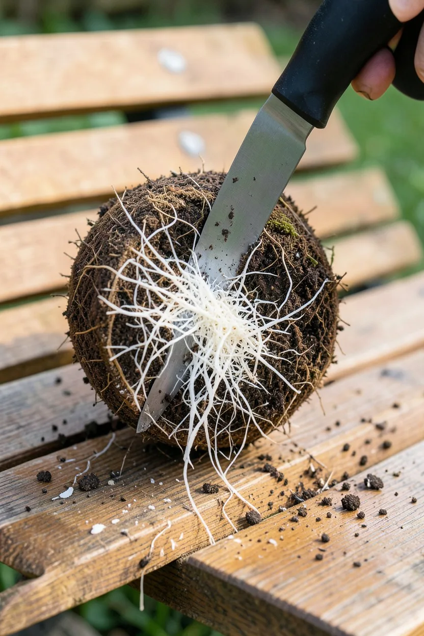 A sharp hori-hori garden knife slicing a clean half-inch layer off the bottom of a thick, matted root ball. The root ball is 