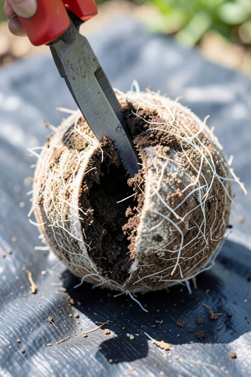 A close-up shot of pruning shears making a shallow vertical slice down the side of a dense, rounded root ball. The cut is cle