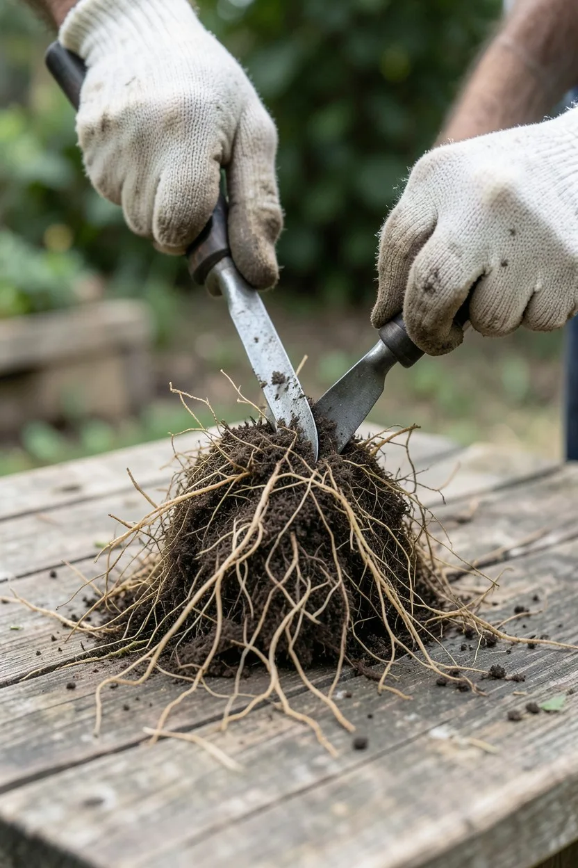 Gloved hands using a three-pronged metal hand cultivator tool to gently scratch and loosen the outer roots of a dense root ma