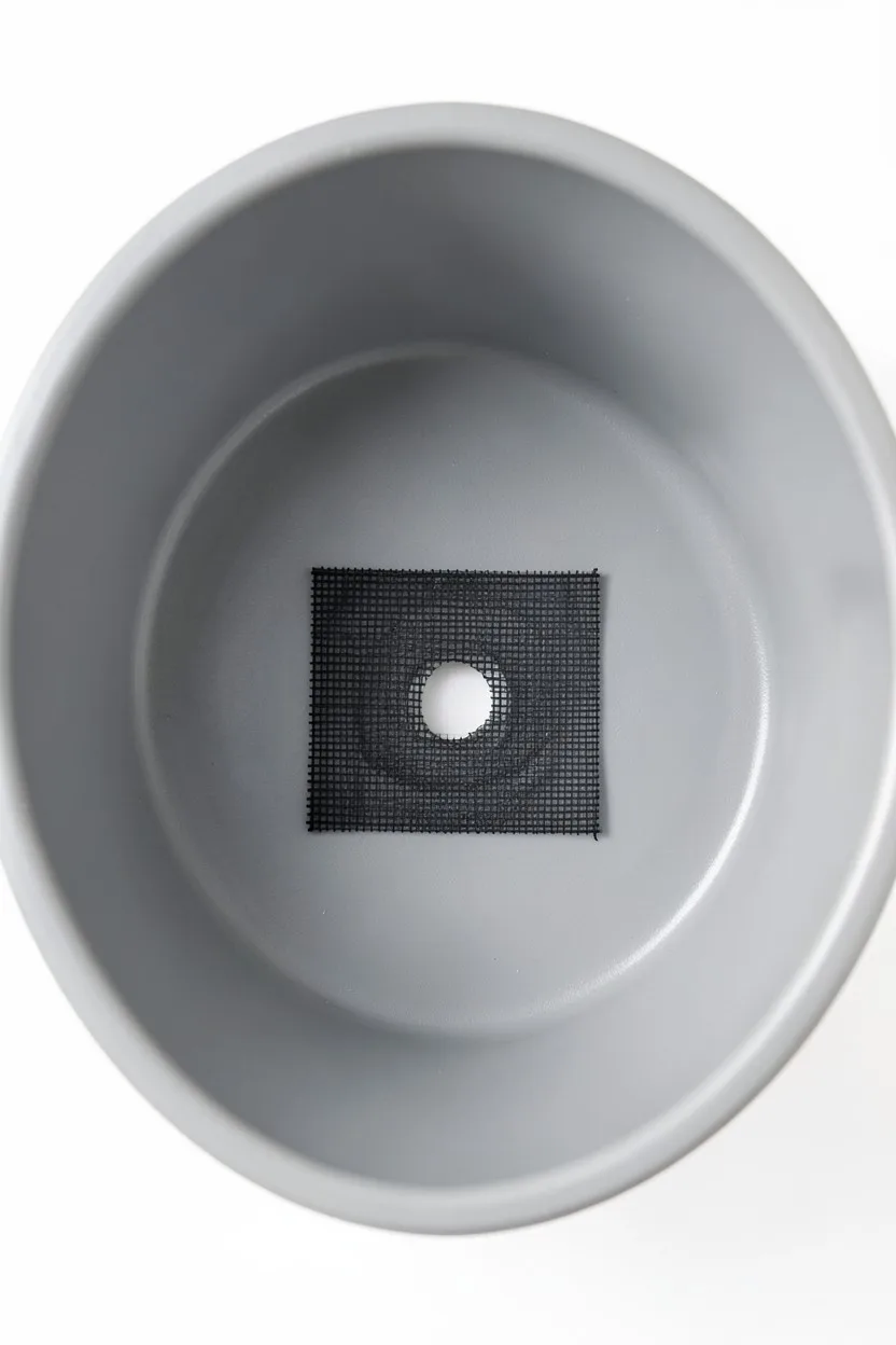 An interior top-down view looking into the bottom of an empty clean gray planter. A small 2-inch square piece of black mesh s