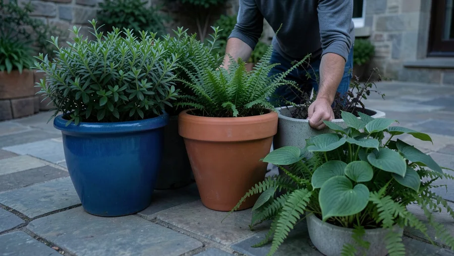 Mid-action wide shot, waist-level. A person pushes three varied ceramic and terracotta planters close together on a patio sur