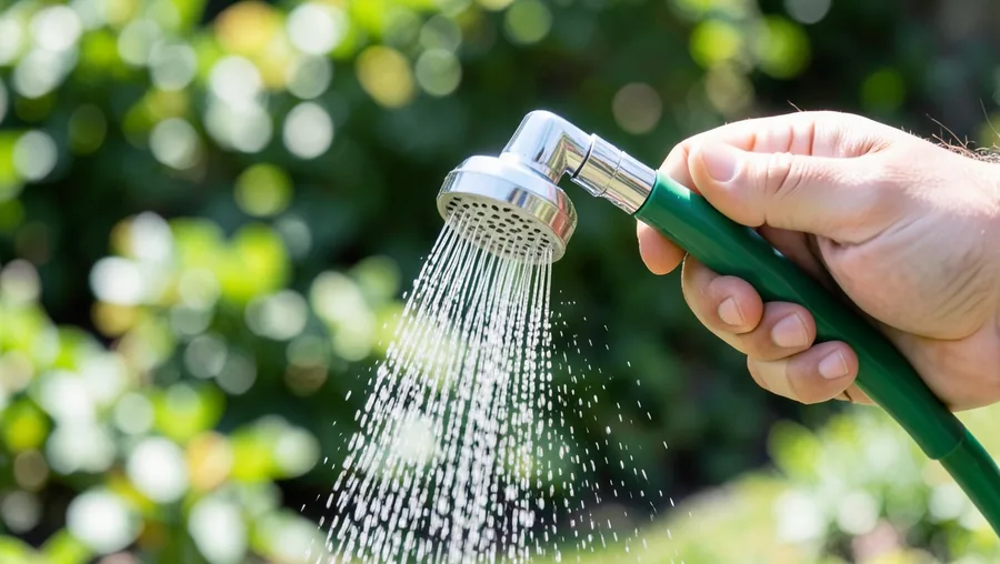 Close-up hands shot, eye level looking at the tool. A hand holds a green aluminum watering wand with a round silver multi-hol