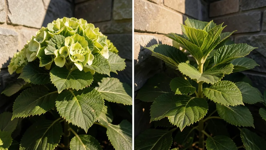 Before-after detail split frame. Left side shows large, floppy, slightly wilted green hydrangea leaves under harsh direct sun