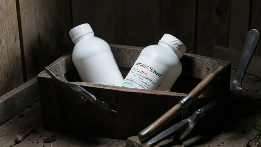 Tool / material flat-lay style. A white plastic bottle of organic seaweed fertilizer sits capped and stored inside a dark woo