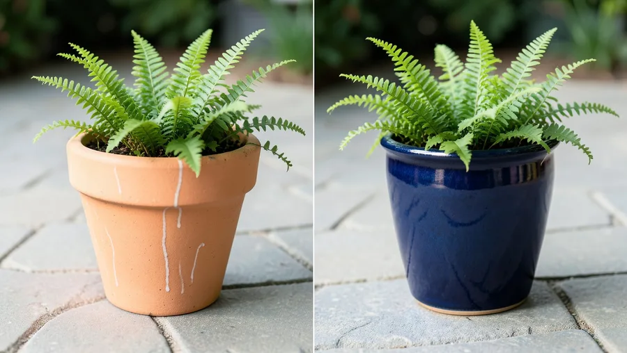 Finished result hero shot, 30-degree angle. A side-by-side comparison of two pots: one dry, chalky light-orange terracotta po