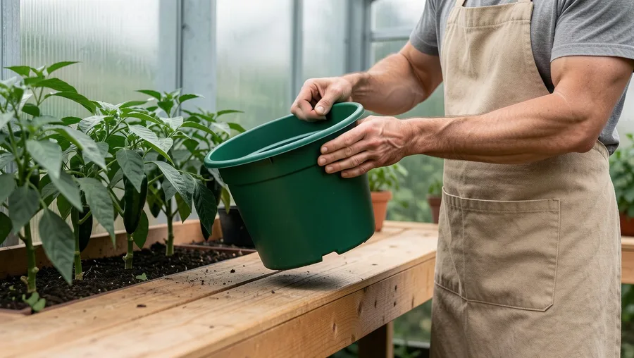 Mid-action wide shot, eye-level. A person in a canvas apron lifts an 11-inch green plastic garden pot by its rim off a wooden