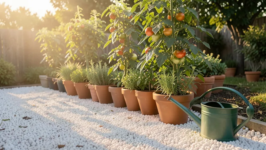 Environmental establisher wide shot. A neat row of potted tomato plants and herbs sits along a white gravel garden path. Long