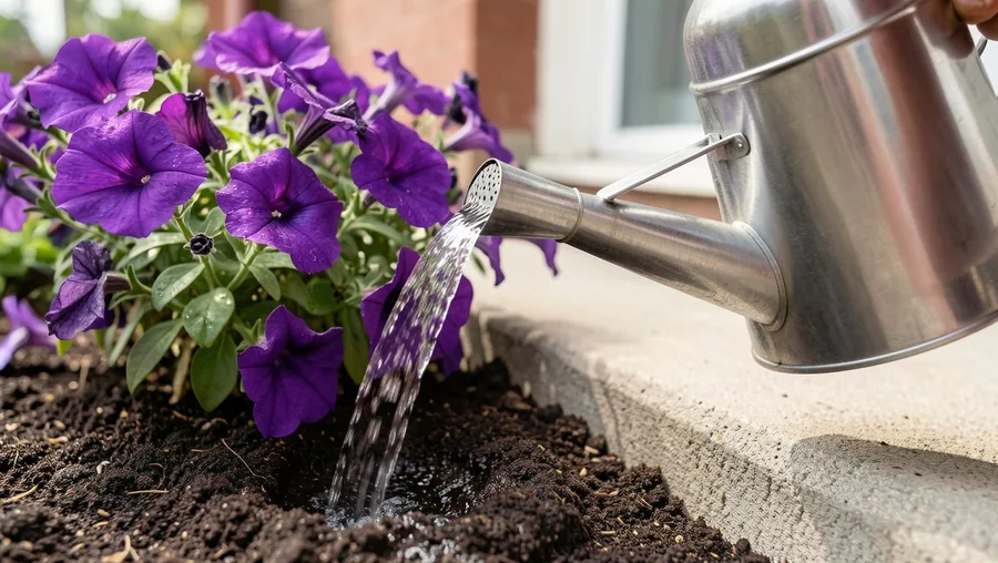 Close-up hands shot, low angle. A longneck stainless steel watering can spout pours a steady, gentle stream of clean water di