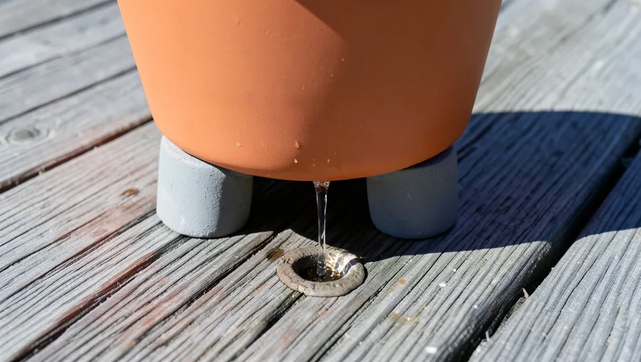 Tool / material flat-lay style but adapted for a low side view. The bottom edge of an unglazed orange terracotta pot sitting 