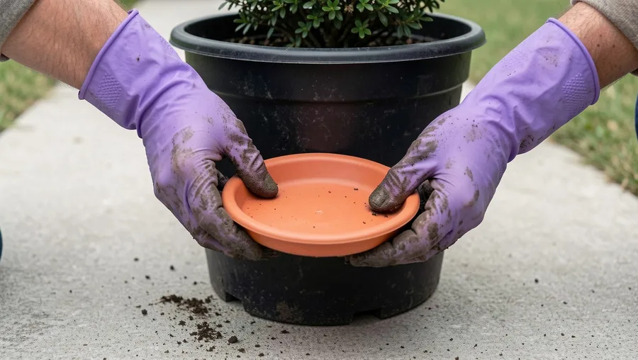 Hands close-up shot, 45-degree angle. Two hands wearing thick mud-stained nitrile garden gloves are pulling a round plastic t