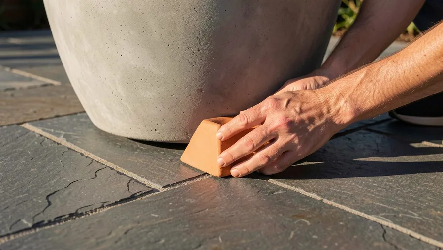 Close-up hands shot, ground level angle. A person's bare hands place a decorative small terracotta wedge-shaped pot foot unde