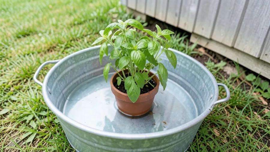 Mid-action wide shot, slightly high angle. A small brown plastic pot containing a wilted green basil plant sits submerged up 