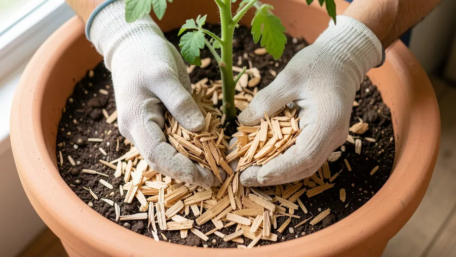 Close-up hands shot, looking straight down. Two cupped hands wearing light fabric garden gloves scatter shredded light-brown 