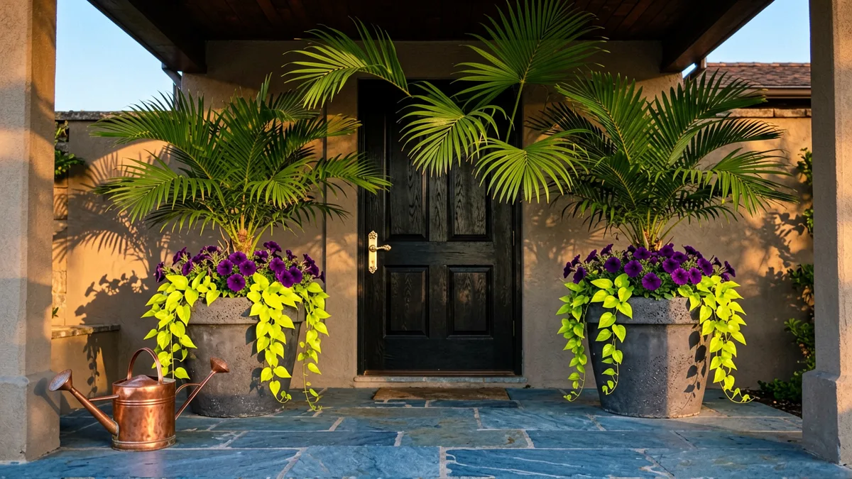 Wide landscape garden photograph, 16:9 ratio. A grand front porch entrance featuring two massive 30-inch matte charcoal concr