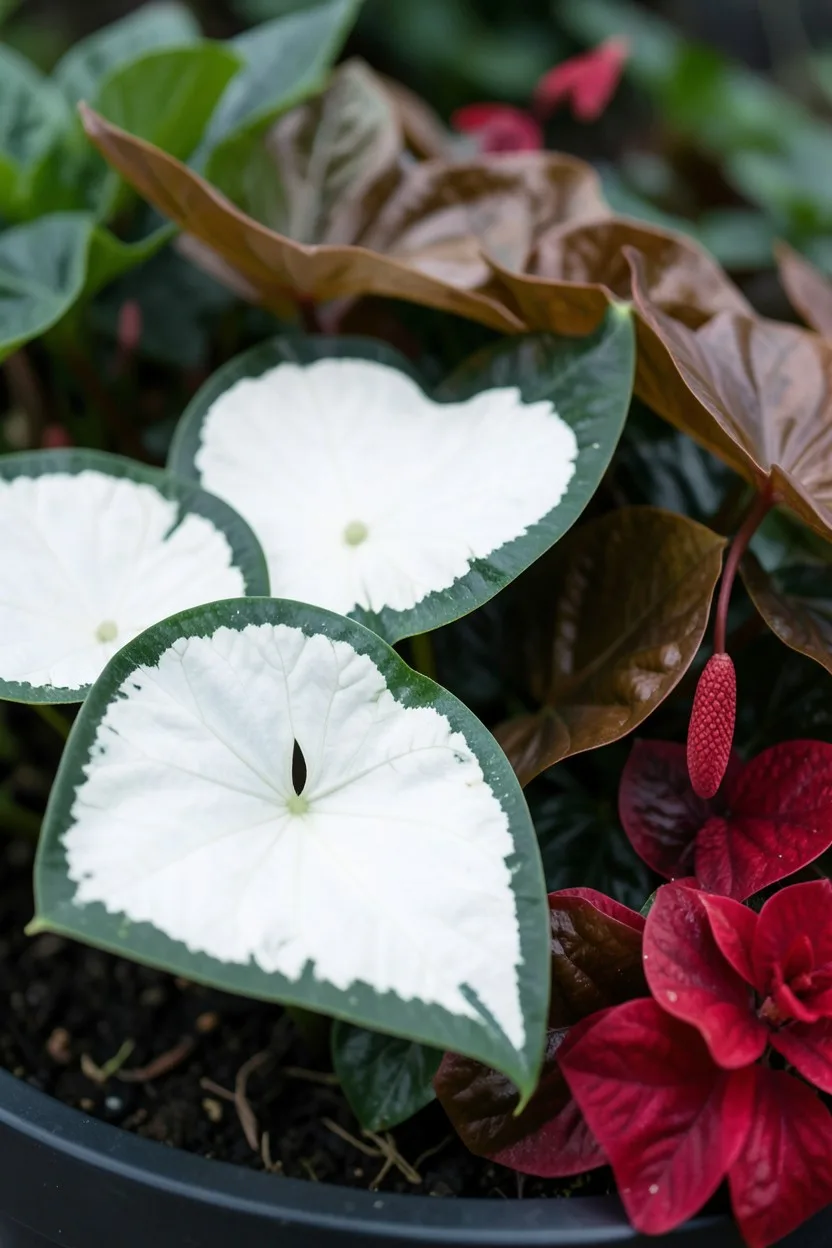 Close-up macro shot of a shaded planter composition. Large, heart-shaped White Christmas caladium leaves with dark green bord