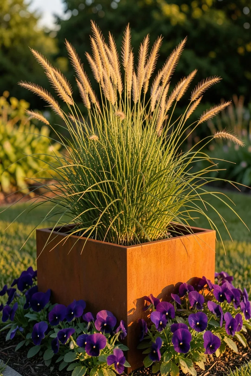 Environmental medium shot of a tall, weathered square corten steel planter. A robust clump of Karl Foerster grass stands tall
