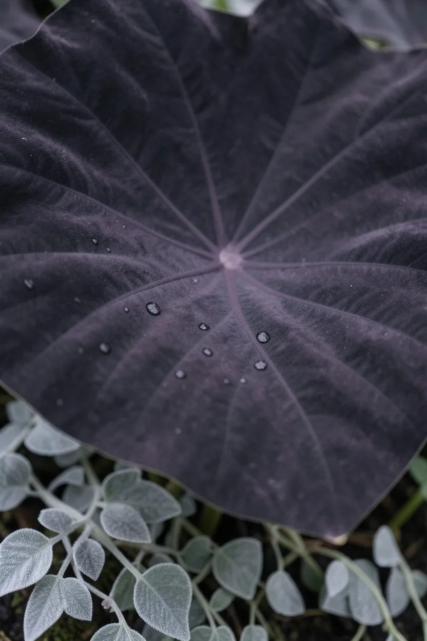 Close-up macro shot focusing on the massive, velvety matte purple-black leaf of a Black Magic elephant ear plant. Small dropl