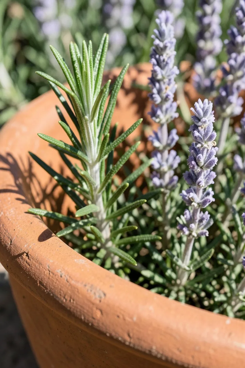 Close-up macro shot of the rim of an unglazed, aged Mexican terracotta tinaja pot. A dense, upright sprig of rosemary with da