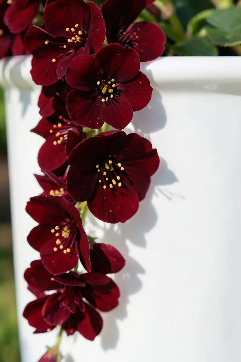 Close-up macro shot of deep velvet-red Supertunia Black Cherry blossoms cascading down the side of a pristine, high-gloss whi