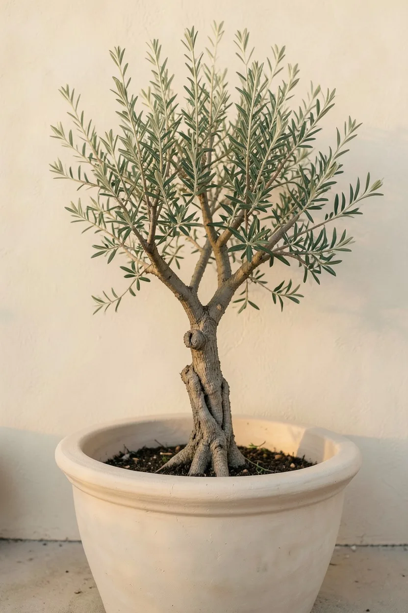 Environmental medium shot of a gnarled, young Arbequina olive tree planted in a wide, hand-molded pale clay pot. The delicate