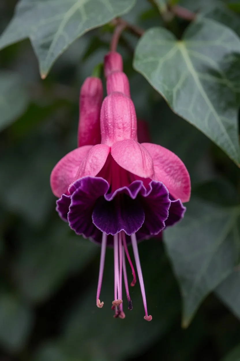 Close-up macro shot of a Dark Eyes fuchsia flower hanging down. The flower has rich magenta-pink sepals and a deep violet ruf