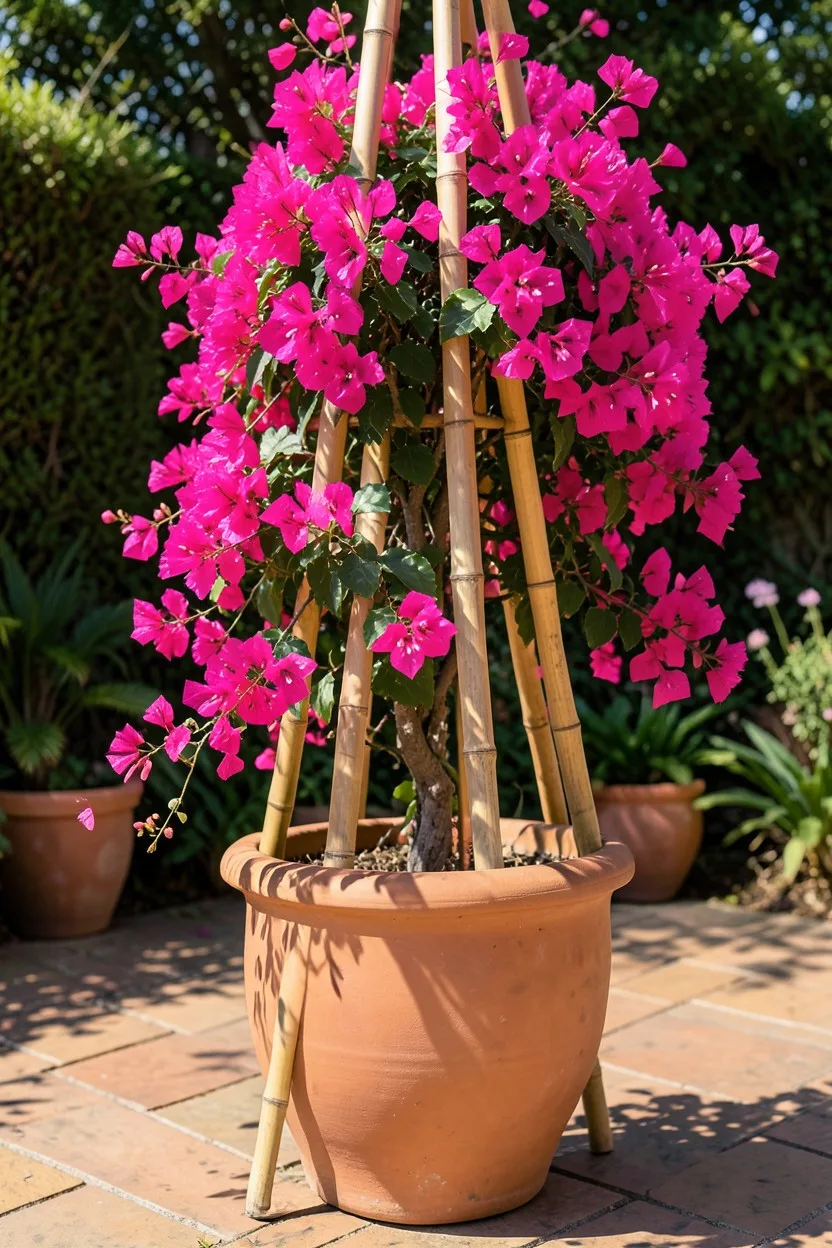 Environmental medium shot of a large terracotta pot holding a tall bamboo tripod structure. A lush Barbara Karst bougainville