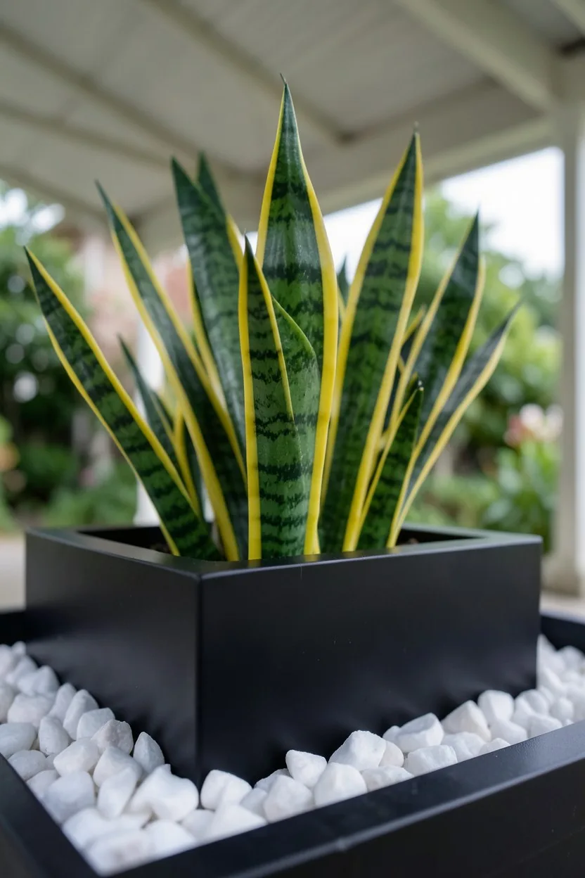 Close-up macro shot looking at a sleek black rectangular trough planter. Tall, upright sword-like leaves of a Laurentii snake