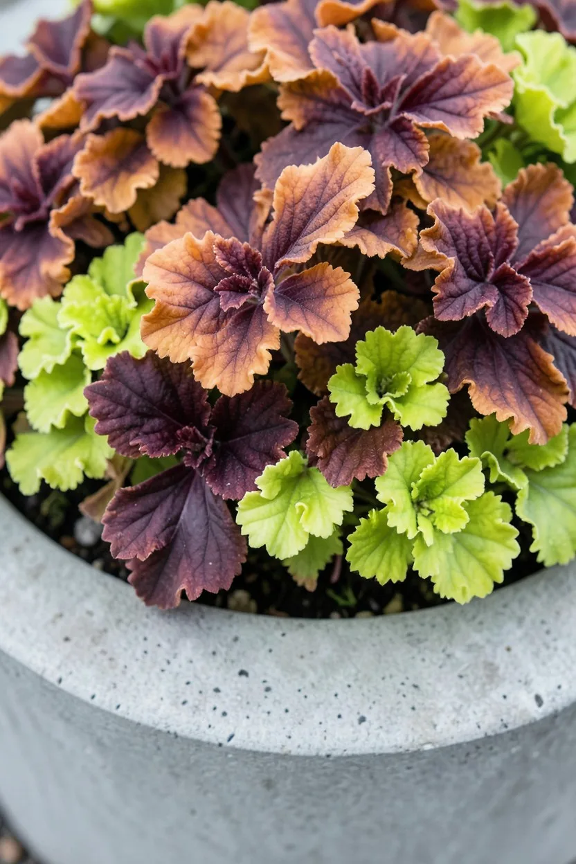 Close-up macro shot looking down into a wide concrete planter. A dense, textured canopy of overlapping coral bell leaves reve