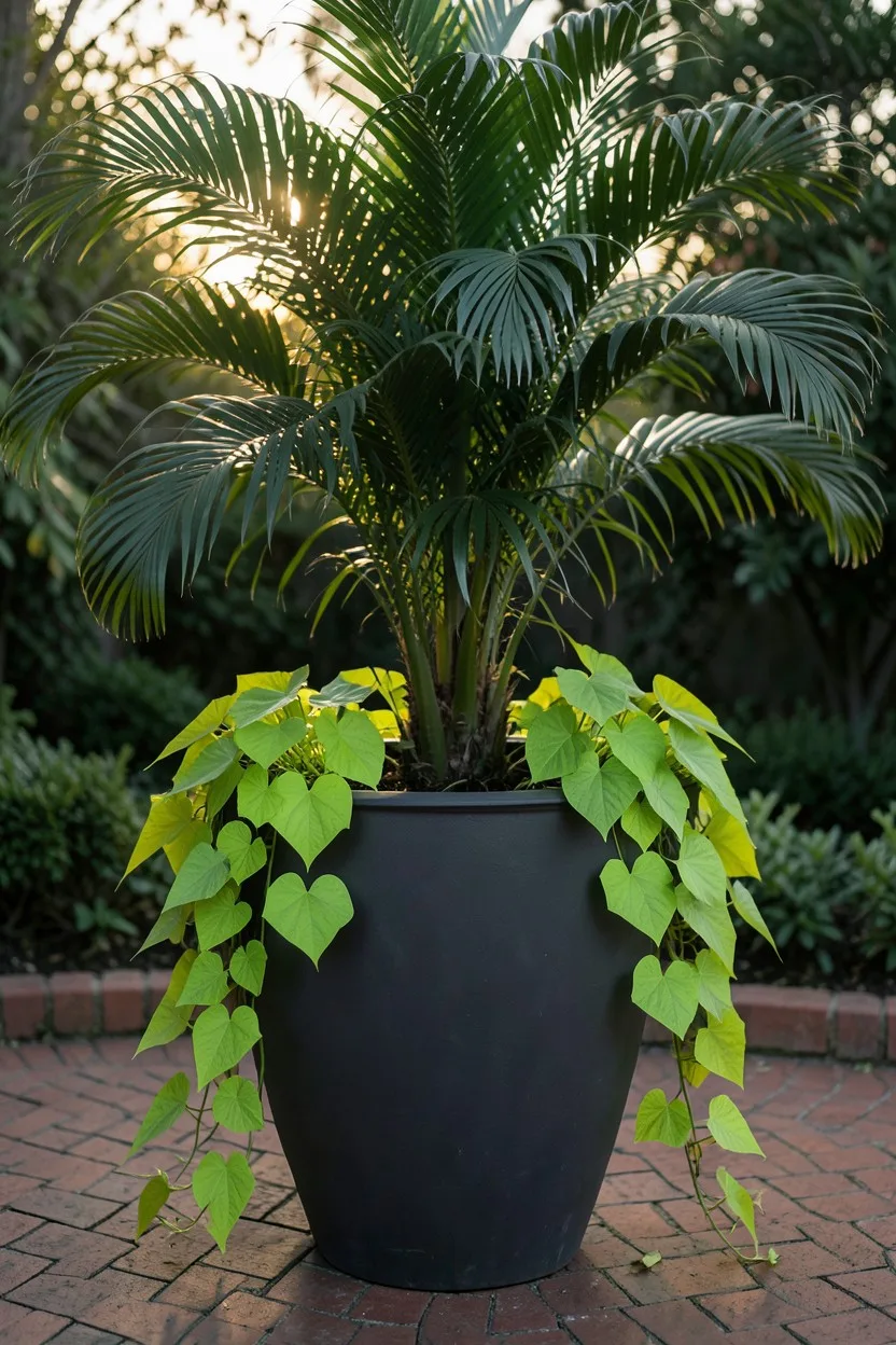 Environmental medium shot of a large dark charcoal resin barrel planter on a brick patio. A tall Majesty Palm with dark green