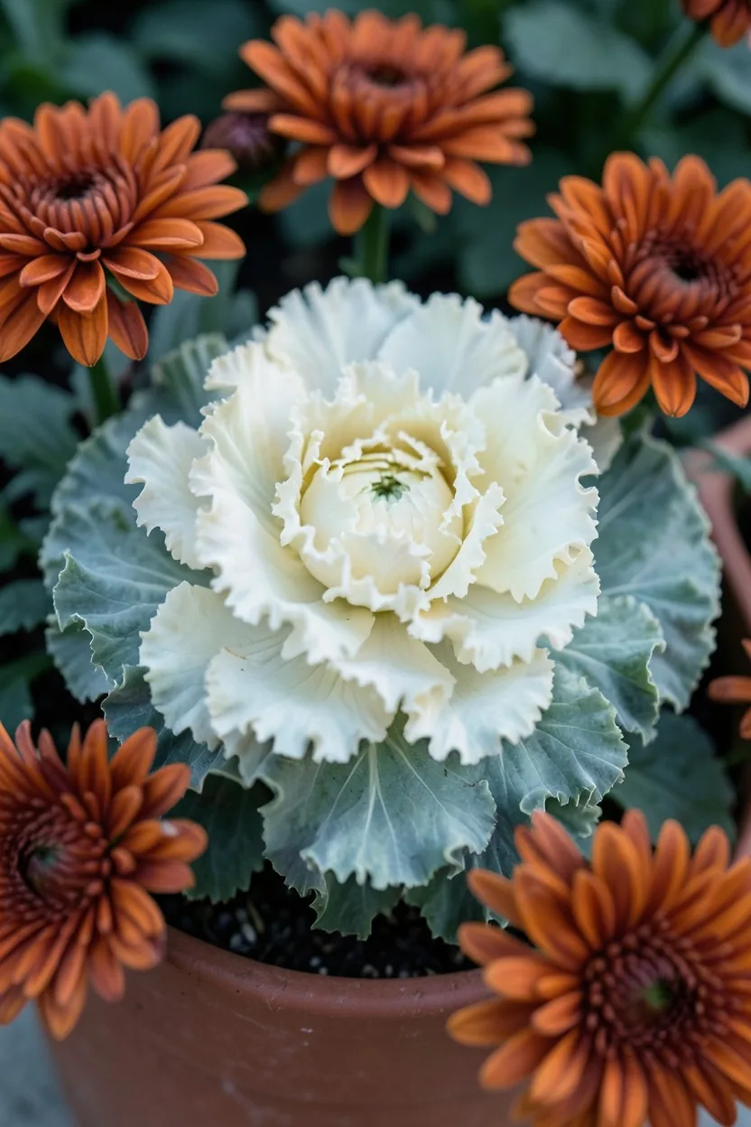 Close-up macro shot of a crisp autumn container display. A central ornamental Osaka White kale with tightly ruffled cream and