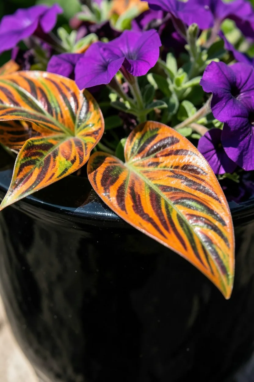 Close-up macro shot of the top edge of a glossy black ceramic urn planter. Large striped Tropicanna leaves showing translucen