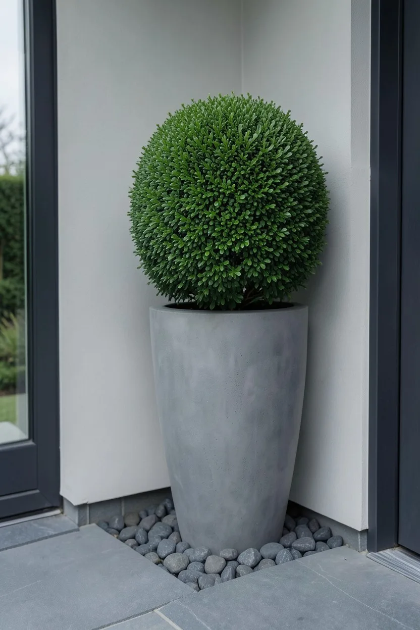 Environmental medium shot of a modern entryway. A tall, 30-inch tapered slate-grey concrete planter holds a perfectly spheric
