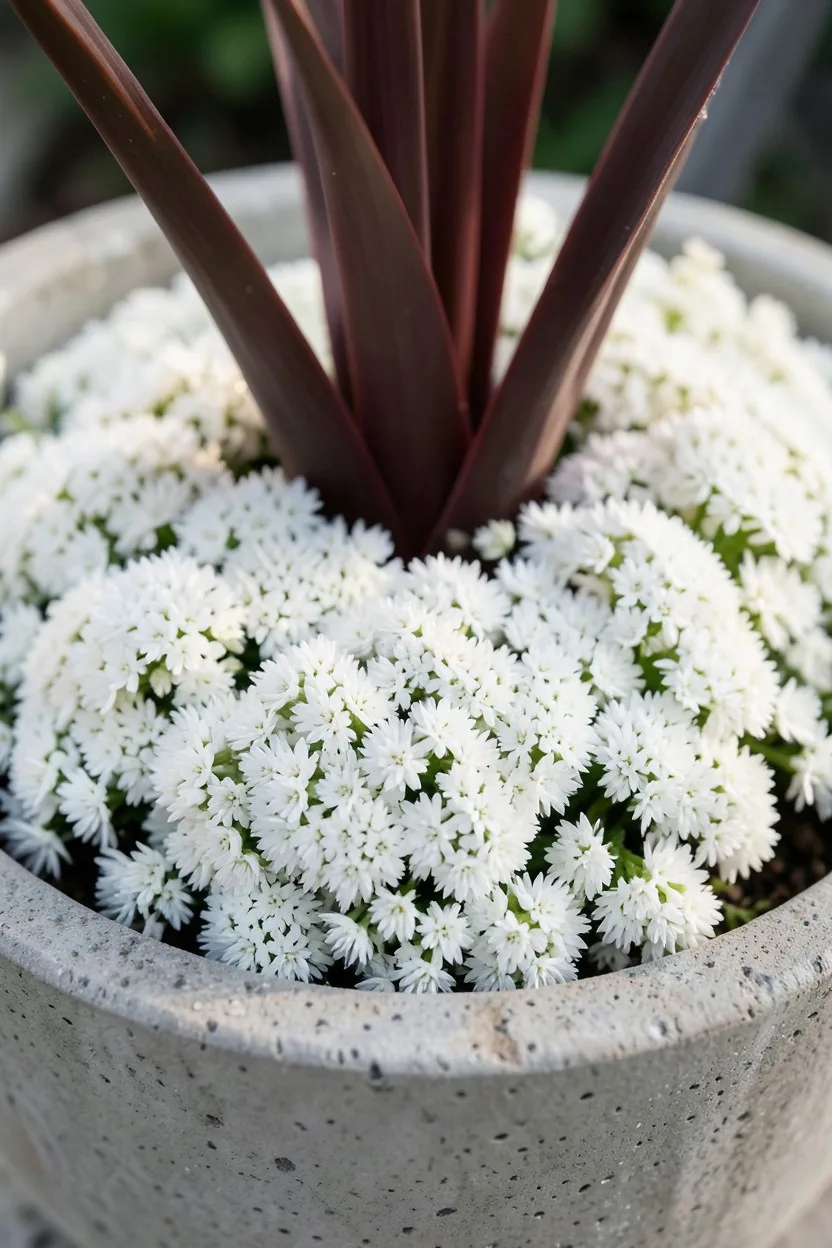 Close-up macro shot of a wide concrete bowl planter. A dense, frothy cloud of tiny white Diamond Frost Euphorbia flowers fill
