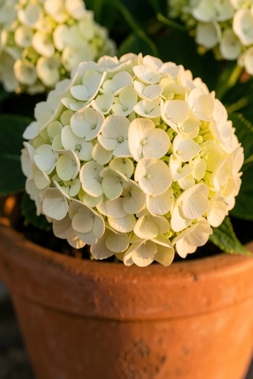 Close-up macro shot looking up at a massive cream-white Limelight hydrangea bloom cluster with a few faint hints of chartreus