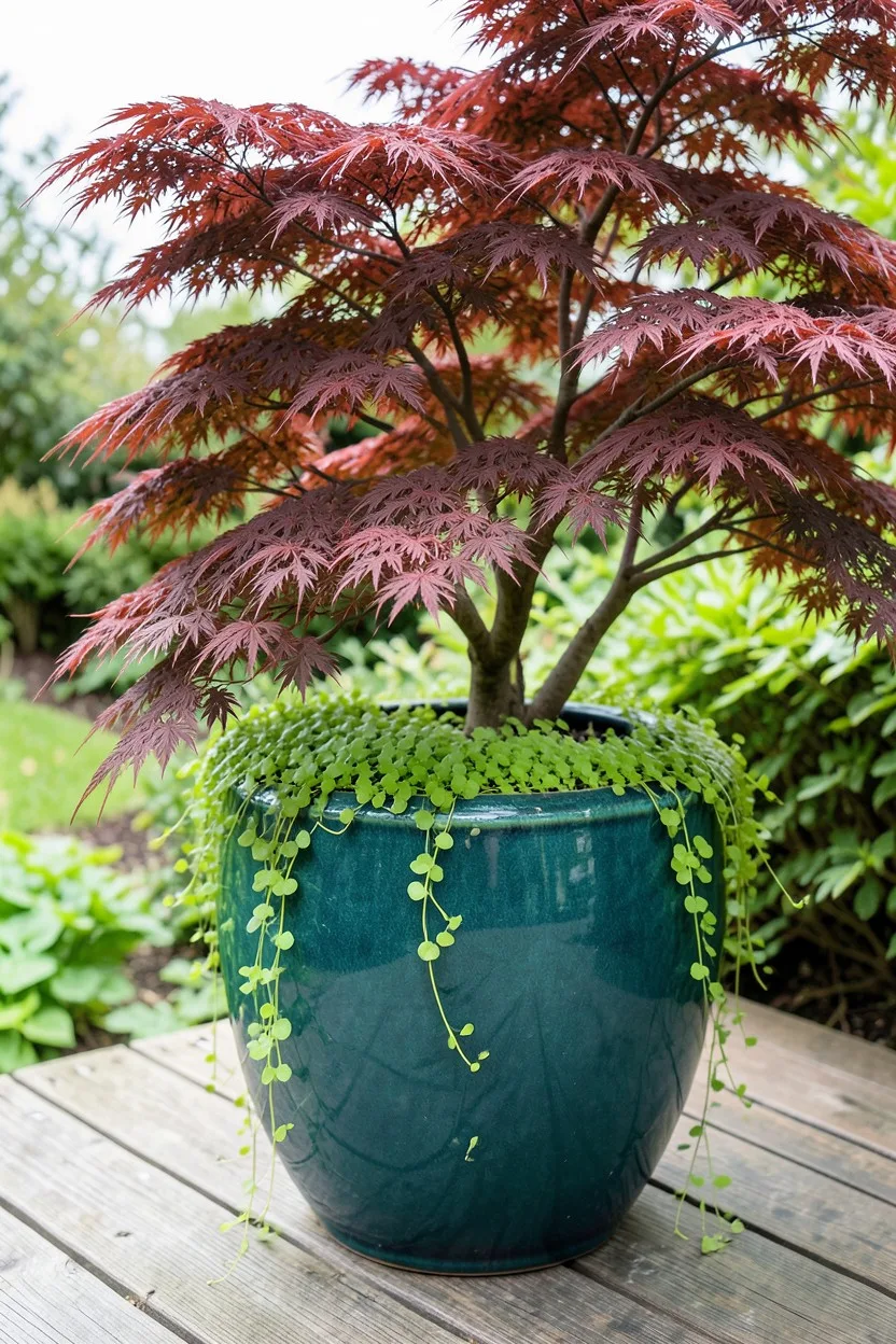 Environmental medium shot of a large, deep teal glazed ceramic pot resting on a cedar deck. A delicate Crimson Queen Japanese